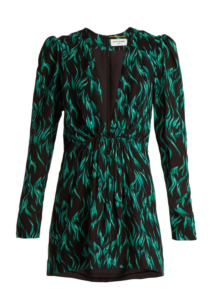 Saint Laurent Peacock-print Deep V-neck Dress