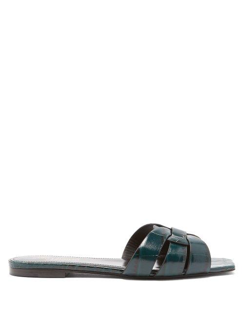 Matchesfashion.com Saint Laurent - Tribute Nu Pieds Crocodile Effect Leather Slides - Womens - Dark Green