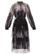 Matchesfashion.com Zimmermann - Botanica Tiered Floral-print Silk-georgette Dress - Womens - Black White