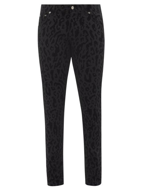 Dolce & Gabbana - Leopard-flocked Slim-leg Jeans - Mens - Black Multi