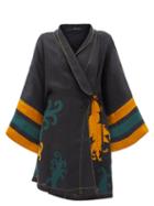 Vita Kin - Dancing Heron Floral-appliqu Linen Wrap Dress - Womens - Black Multi