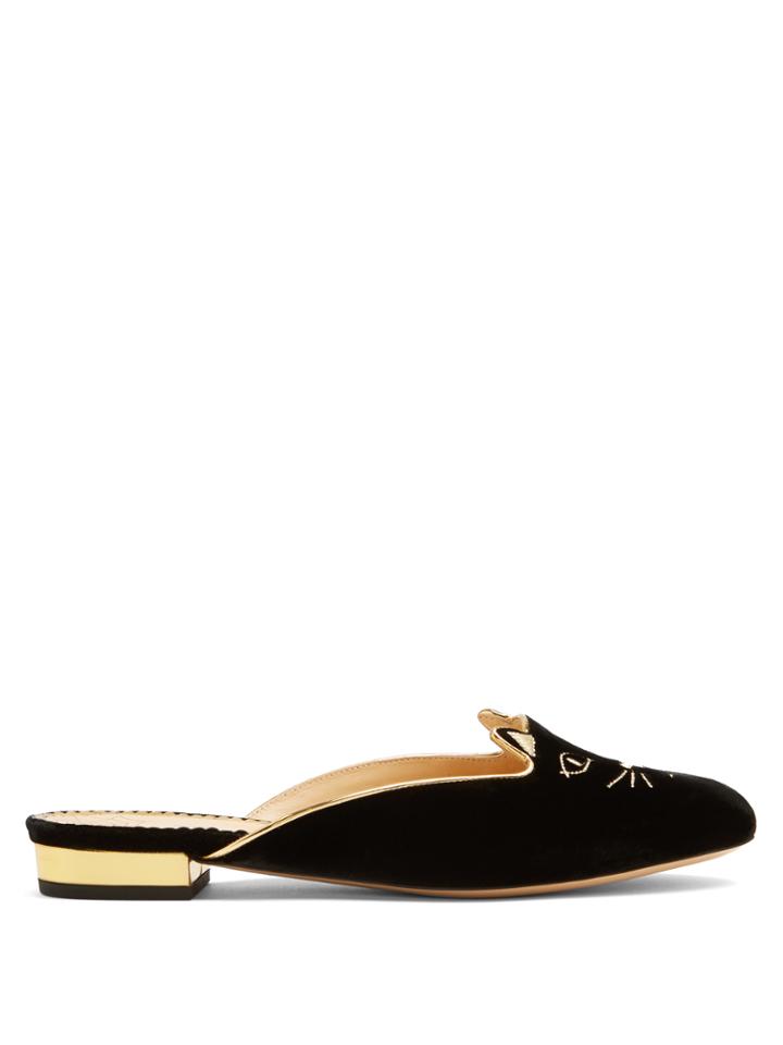 Charlotte Olympia Kitty Velvet Slippers