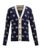 Matchesfashion.com Gucci - Gg-logo Intarsia V-neck Wool Cardigan - Womens - Navy White