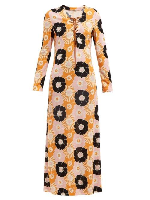Matchesfashion.com Miu Miu - Floral Print Side Slit Maxi Dress - Womens - Pink Multi
