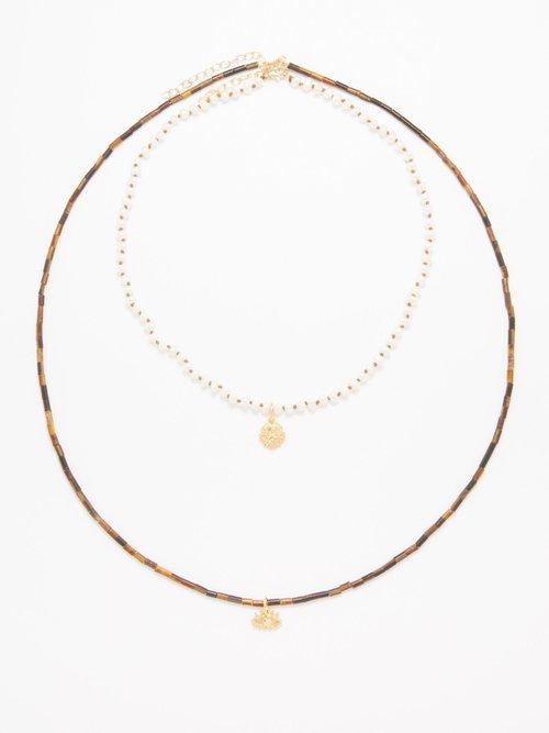 Hermina Athens - Tiger's Eye, Pearl & Gold-plated Necklace - Womens - Gold Multi
