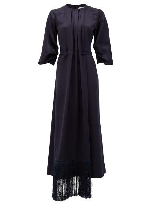 Matchesfashion.com Gabriela Hearst - Hestia Fringed-hem Silk-satin Midi Dress - Womens - Dark Navy