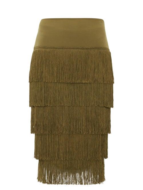 Matchesfashion.com Norma Kamali - Tiered Fringe Stretch Jersey Midi Skirt - Womens - Khaki