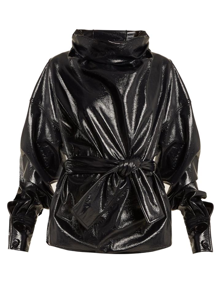 Wanda Nylon Funnel-neck Tie-waist Coated Cotton-blend Top
