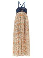 Ladies Rtw Chlo - Tulip-print Empire-waist Cotton-blend Crepe Dress - Womens - Beige Multi