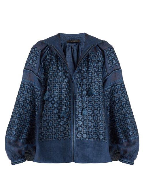 Matchesfashion.com Vita Kin - Strawberry Field Mid Weight Linen Blouse - Womens - Blue
