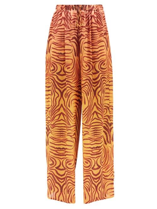 Fe Noel - Ritual-print Satin Wide-leg Trousers - Womens - Orange Print