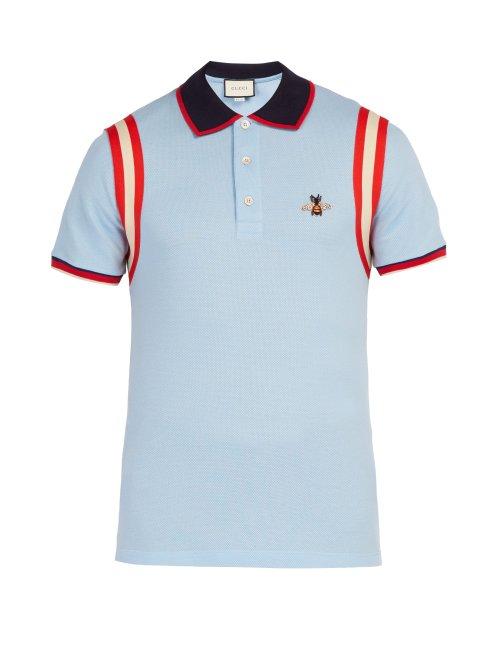 Matchesfashion.com Gucci - Bee Embroidered Cotton Piqu Polo Shirt - Mens - Light Blue