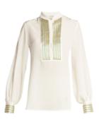 Zeus + Dione Mira Jacquard-trimmed Silk Blouse