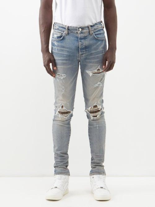 Amiri - Plaid-patch Distressed Jeans - Mens - Blue