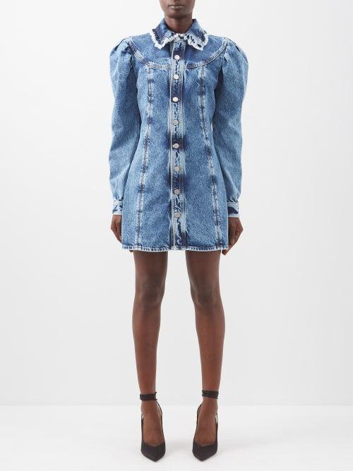 Alessandra Rich - Puff-sleeve Distressed Denim Mini Dress - Womens - Blue
