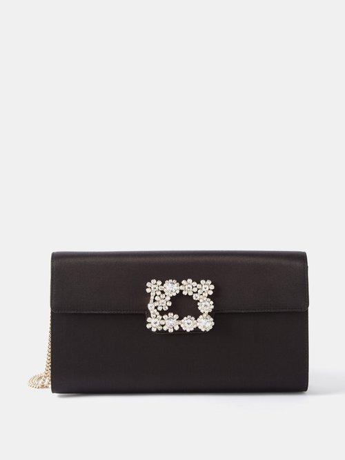 Roger Vivier - Flower Strass Crystal-buckle Satin Clutch Bag - Womens - Black