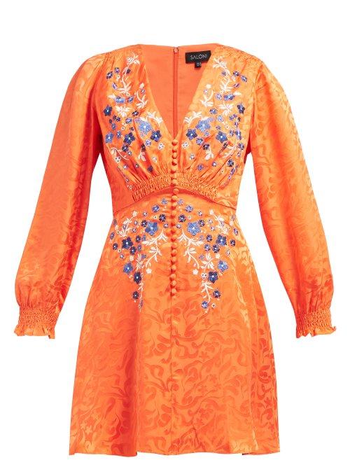 Matchesfashion.com Saloni - Eve Floral Jacquard Silk Mini Dress - Womens - Orange Multi