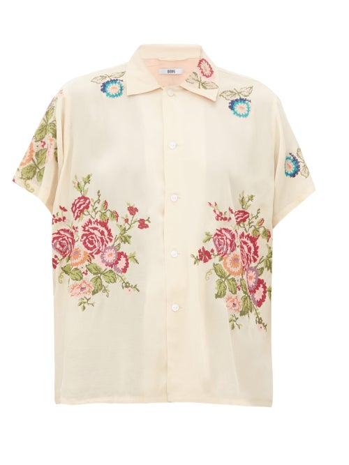 Matchesfashion.com Bode - Needle Point Floral Embroidered Satin Shirt - Womens - Ivory