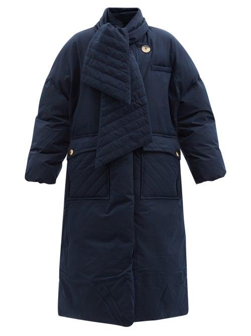 Ganni - Soft Tech Scarf-neckline Padded Coat - Womens - Dark Navy