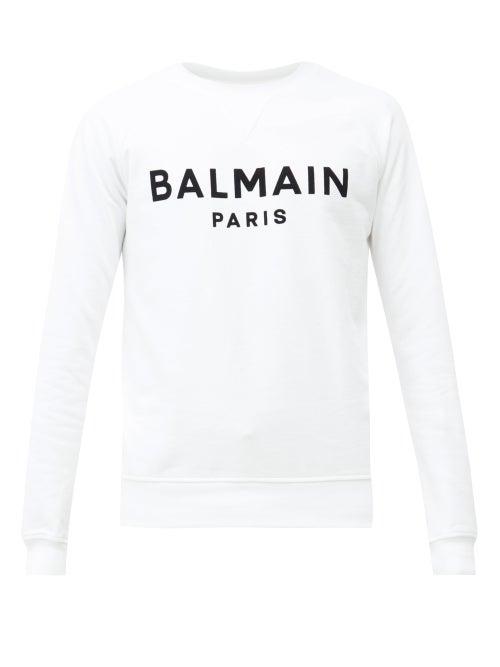 Matchesfashion.com Balmain - Flocked-logo Cotton Sweatshirt - Mens - White