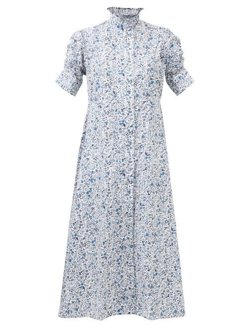 Thierry Colson - Venetia High-neck Floral Cotton-poplin Shirt Dress - Womens - Blue Print
