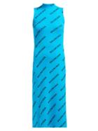 Matchesfashion.com Balenciaga - Logo Print Ribbed Wrap Midi Dress - Womens - Blue Multi