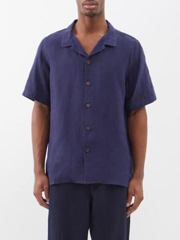 Maran - Linen Short-sleeved Shirt - Mens - Navy