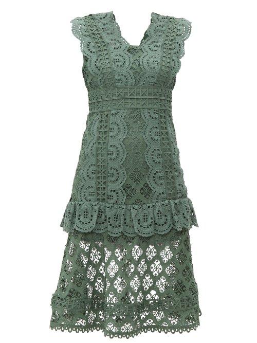 Matchesfashion.com Sea - Laurel Ruffle Trimmed Crochet Midi Dress - Womens - Khaki