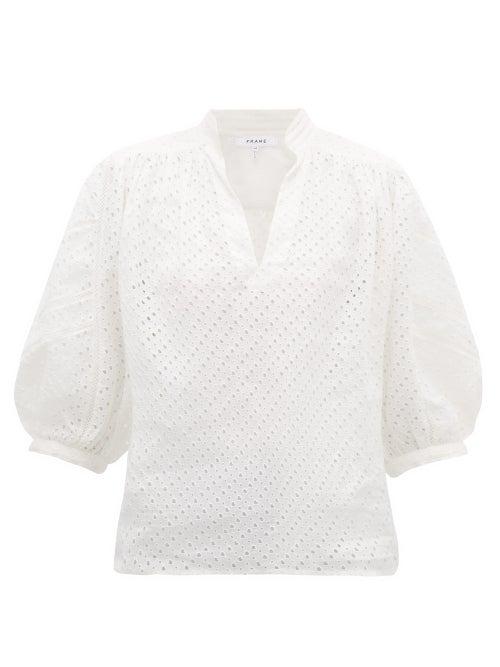 Matchesfashion.com Frame - Broderie Anglaise Ramie Blouse - Womens - White