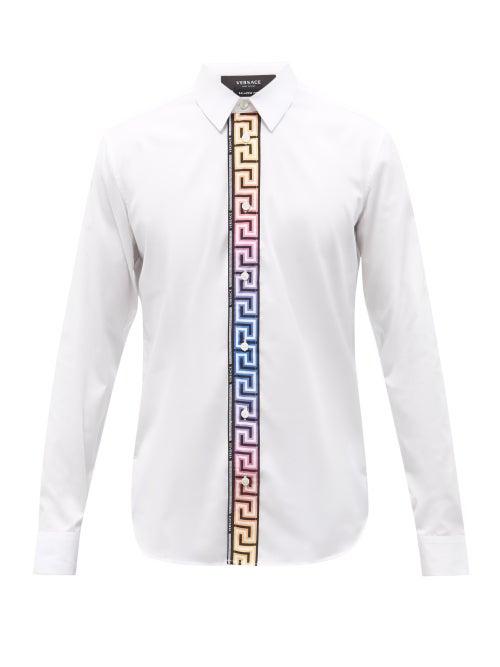 Mens Rtw Versace - Greca-stripe Cotton-poplin Shirt - Mens - White