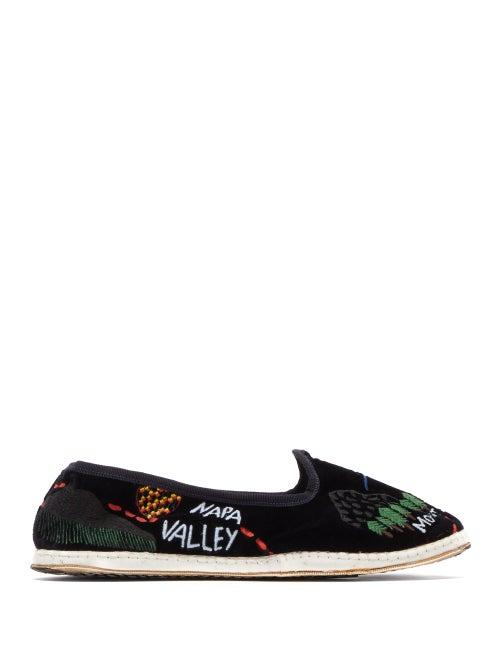 Matchesfashion.com Kilometre Paris - Tropical Tour Embroidered Velvet Slippers - Womens - Navy Multi