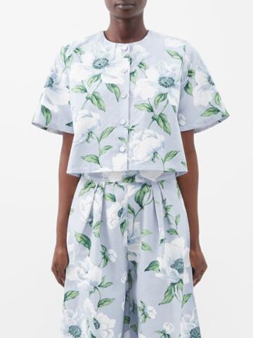 Marta Ferri - Pic Nic Floral-print Linen-blend Cropped Shirt - Womens - Light Blue