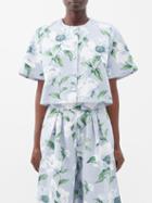 Marta Ferri - Pic Nic Floral-print Linen-blend Cropped Shirt - Womens - Light Blue
