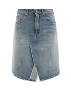 Mm6 Maison Margiela - Notched-hem Distressed-denim Skirt - Womens - Light Denim