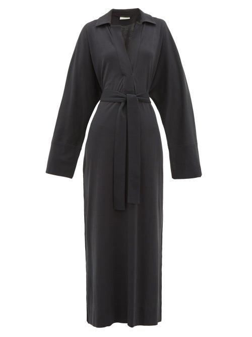 Matchesfashion.com Lemaire - Polo-collar Belted Cotton-jersey Shirt Dress - Womens - Navy