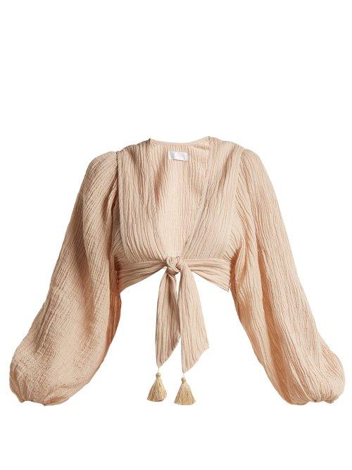 Matchesfashion.com Zimmermann - Bayou Tie Front Crinkled Ramie Blend Top - Womens - Nude