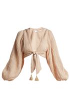 Matchesfashion.com Zimmermann - Bayou Tie Front Crinkled Ramie Blend Top - Womens - Nude