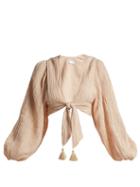 Matchesfashion.com Zimmermann - Bayou Tie Front Crinkled Ramie Blend Top - Womens - Nude