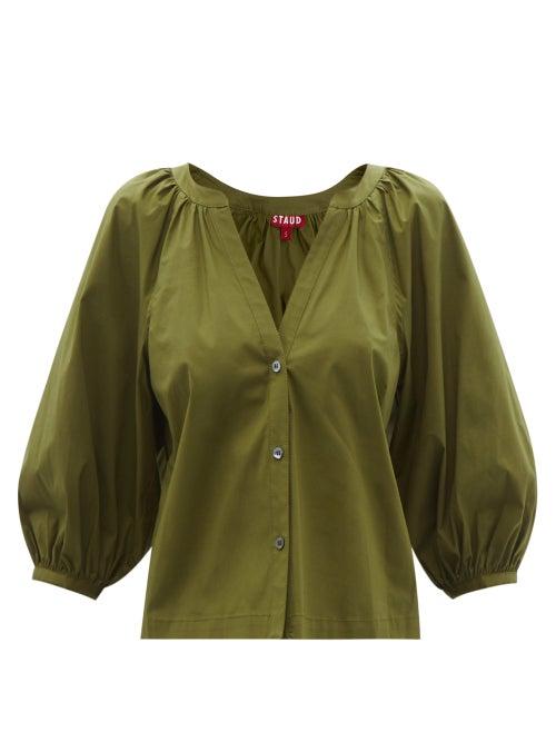 Ladies Rtw Staud - Dill V-neck Cotton-blend Poplin Blouse - Womens - Khaki