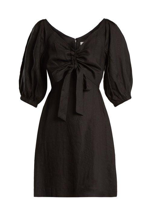 Matchesfashion.com Zimmermann - Painted Heart V Neck Gathered Linen Midi Dress - Womens - Black