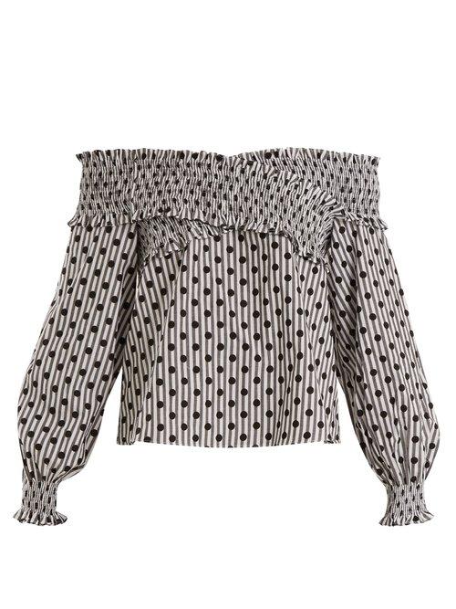 Matchesfashion.com Anna October - Off The Shoulder Polka Dot Cotton Top - Womens - Grey Multi