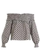 Matchesfashion.com Anna October - Off The Shoulder Polka Dot Cotton Top - Womens - Grey Multi