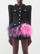 Germanier - Feather-trimmed Cotton-blend Tweed Jacket - Womens - Black Multi