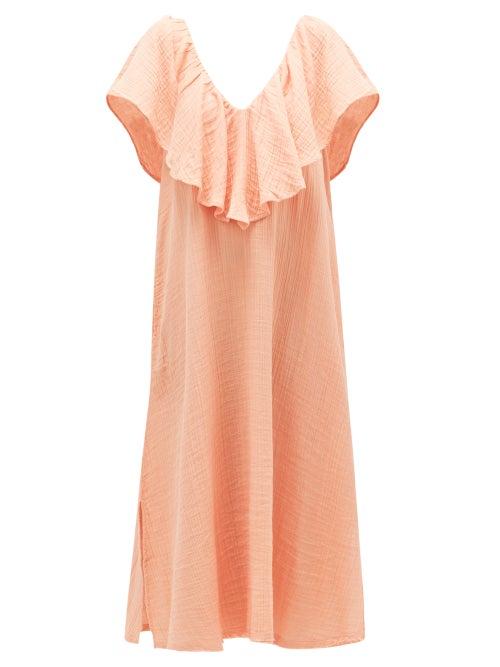 Matchesfashion.com Anaak - Brigitte Ruffle V-neck Cotton-muslin Dress - Womens - Dark Pink
