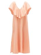 Matchesfashion.com Anaak - Brigitte Ruffle V-neck Cotton-muslin Dress - Womens - Dark Pink