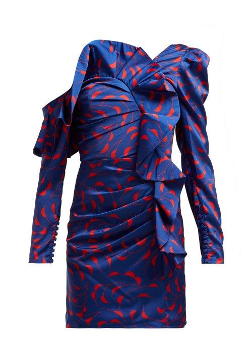 Matchesfashion.com Self-portrait - Ruffled Off The Shoulder Satin Mini Dress - Womens - Navy Multi