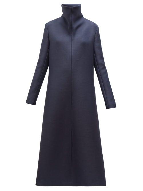 Matchesfashion.com The Row - Barbara High Neck A Line Wool Midi Dress - Womens - Navy
