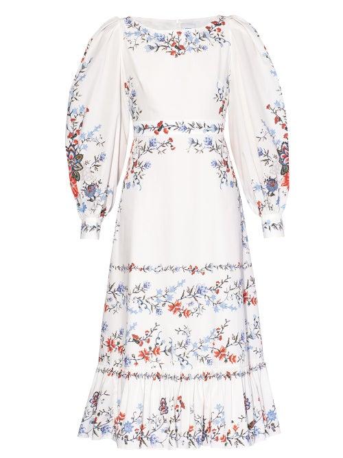 Matchesfashion.com Erdem - Josias Balloon-sleeve Floral-print Poplin Dress - Womens - White Print