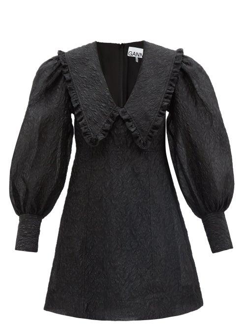 Ganni - Chelsea-collar Puff-sleeve Cloqu Mini Dress - Womens - Black