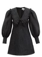 Ganni - Chelsea-collar Puff-sleeve Cloqu Mini Dress - Womens - Black